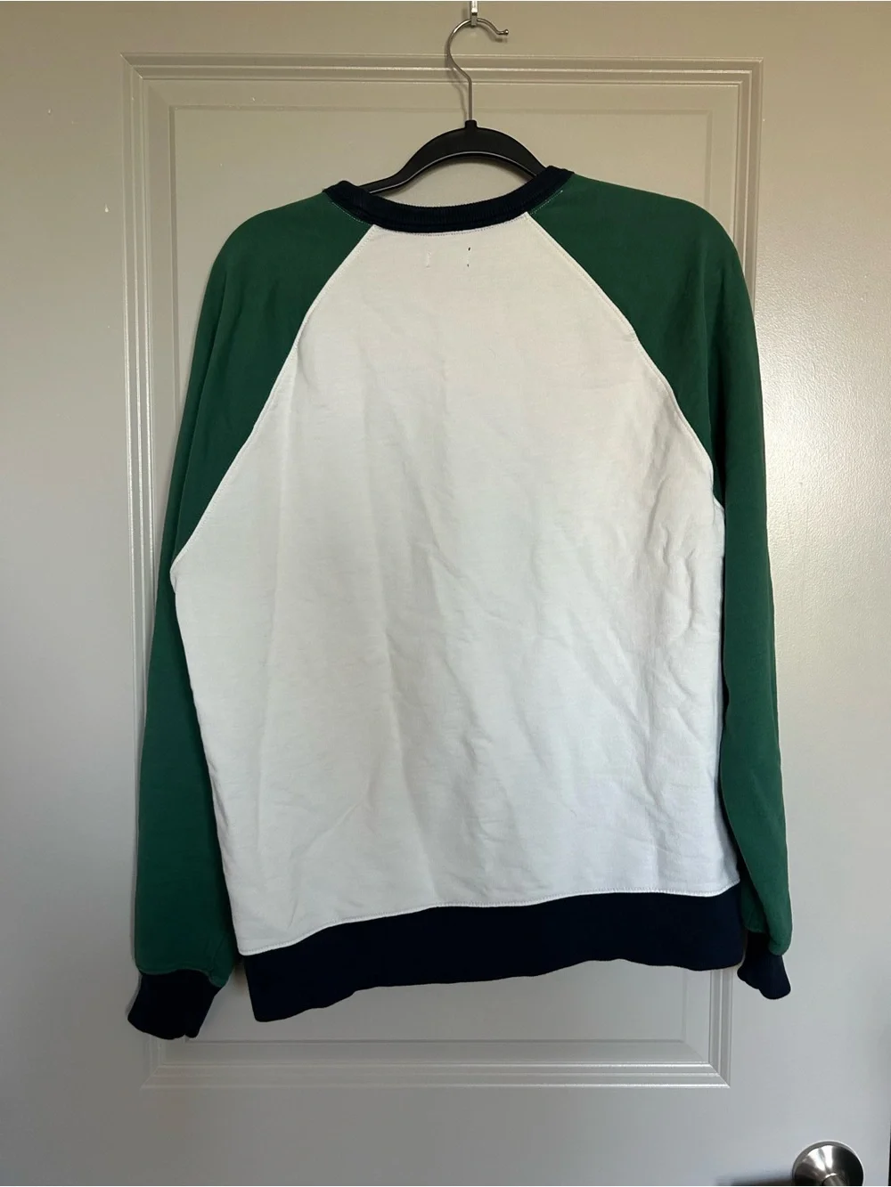 J. Crew White Pullover with Green Sleeves and Navy Trim